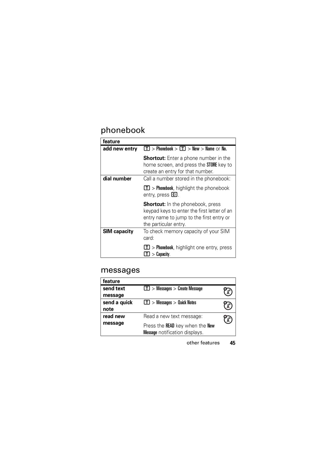 Motorola C123 manual Phonebook, Messages 