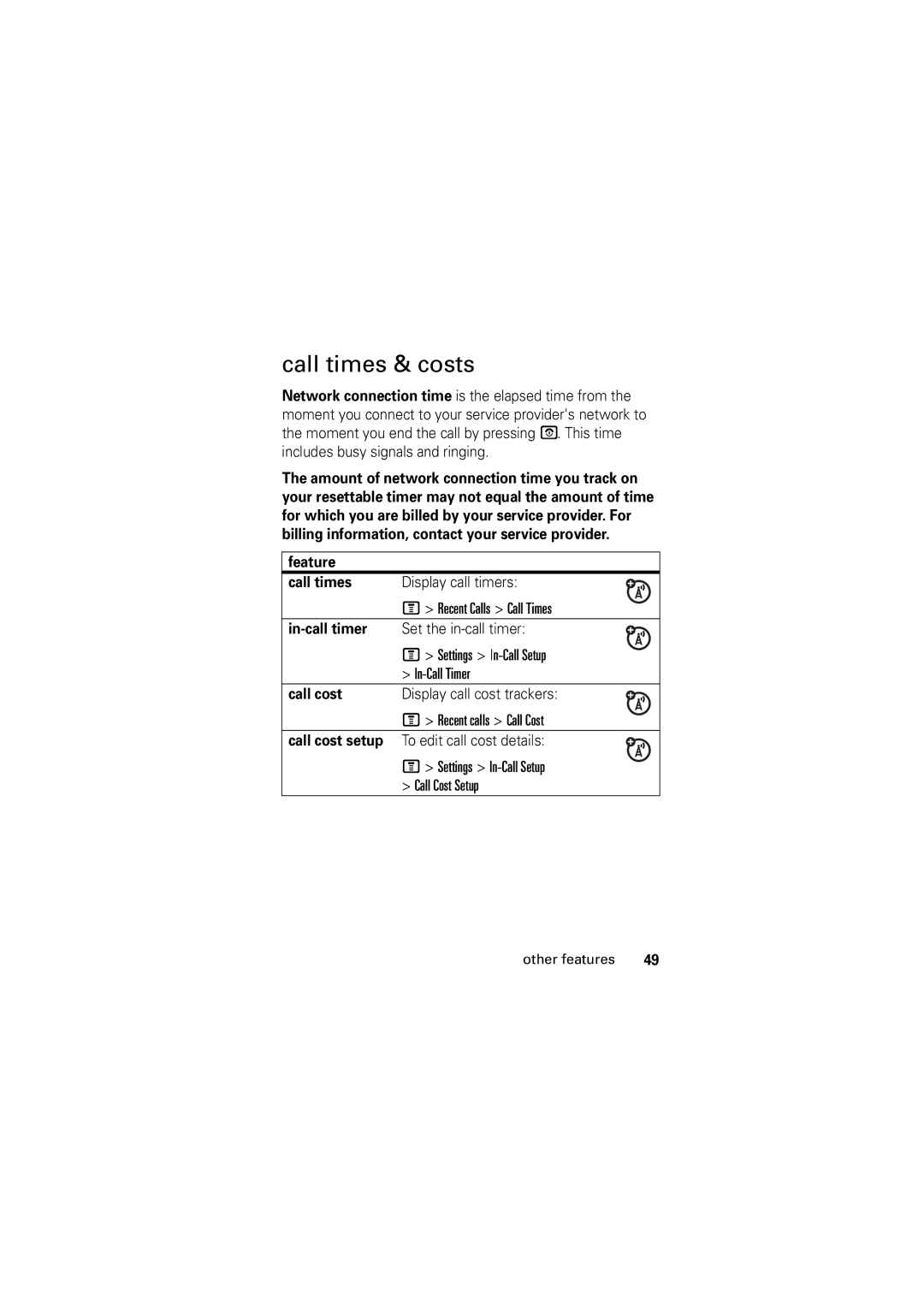 Motorola C123 manual Call times & costs, Feature Call times, In-call timer, Call cost 