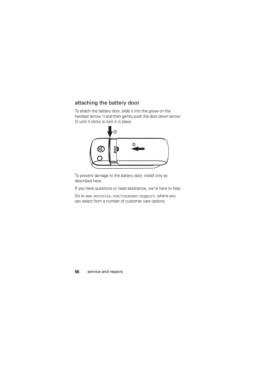 Motorola C123 manual Attaching the battery door 