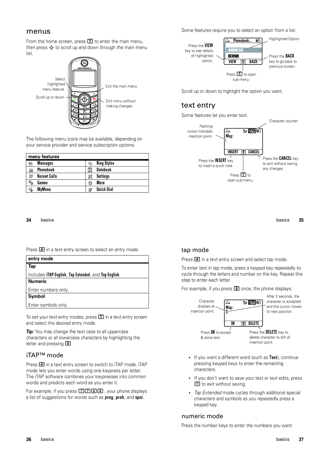 Motorola C139 manual Menus, Text entry, ITAP mode, Tap mode, Numeric mode 