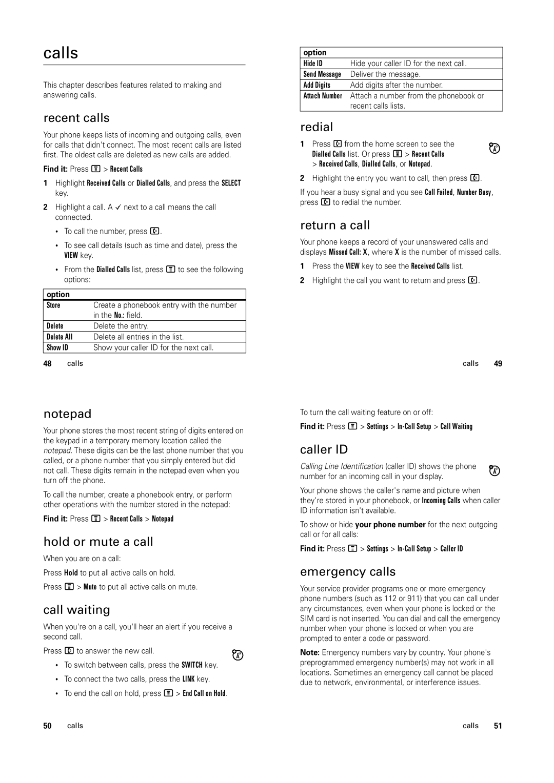 Motorola C139 manual Calls 