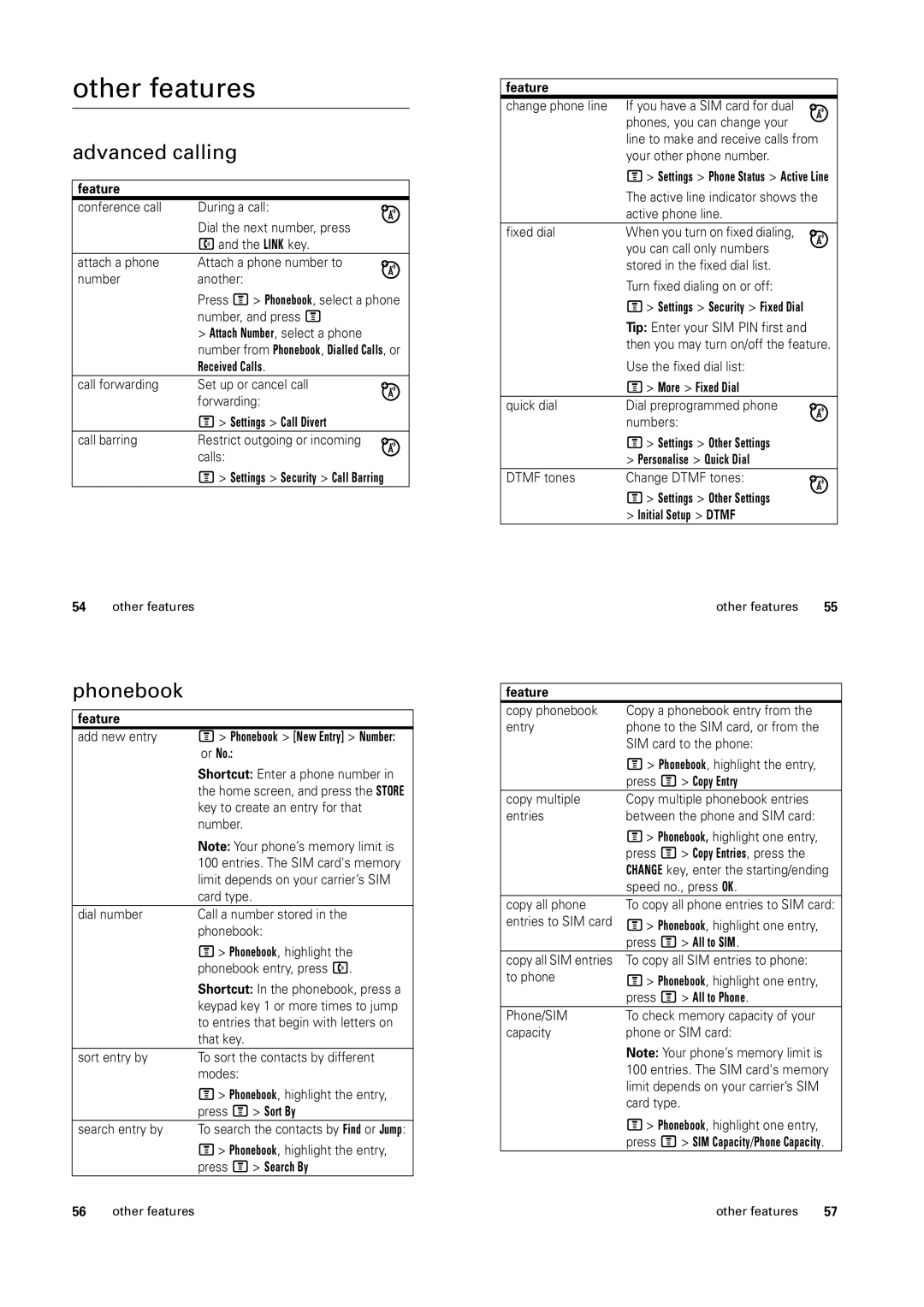 Motorola C139 manual Other features, Advanced calling, Phonebook 