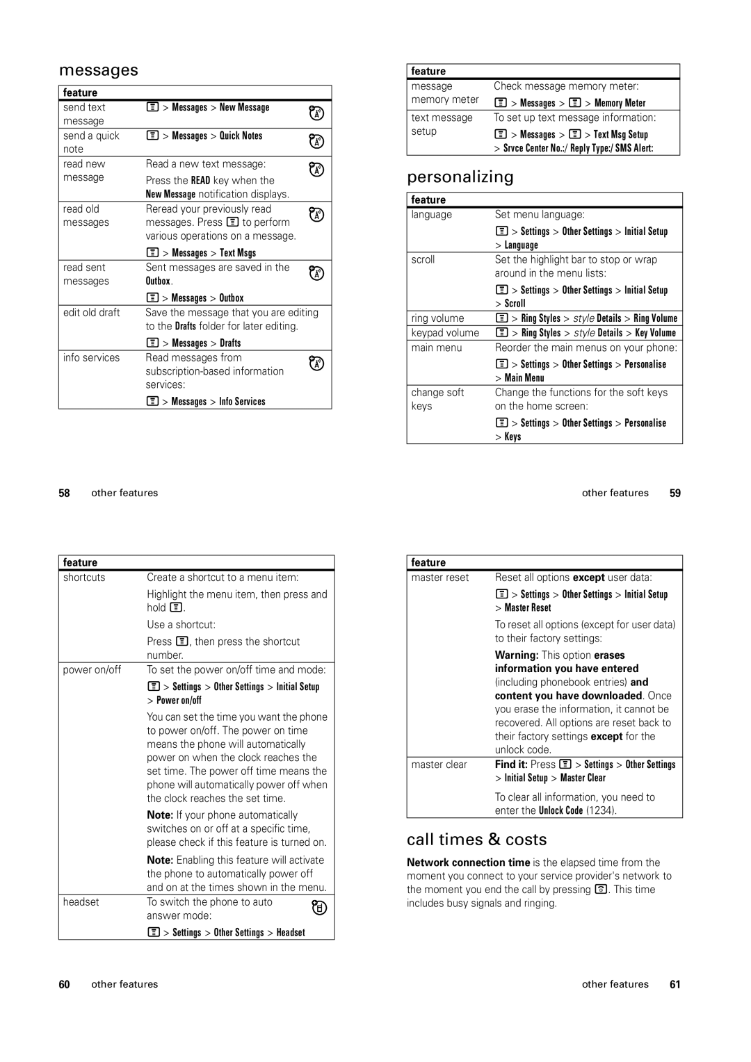 Motorola C139 manual Messages, Personalizing, Call times & costs 