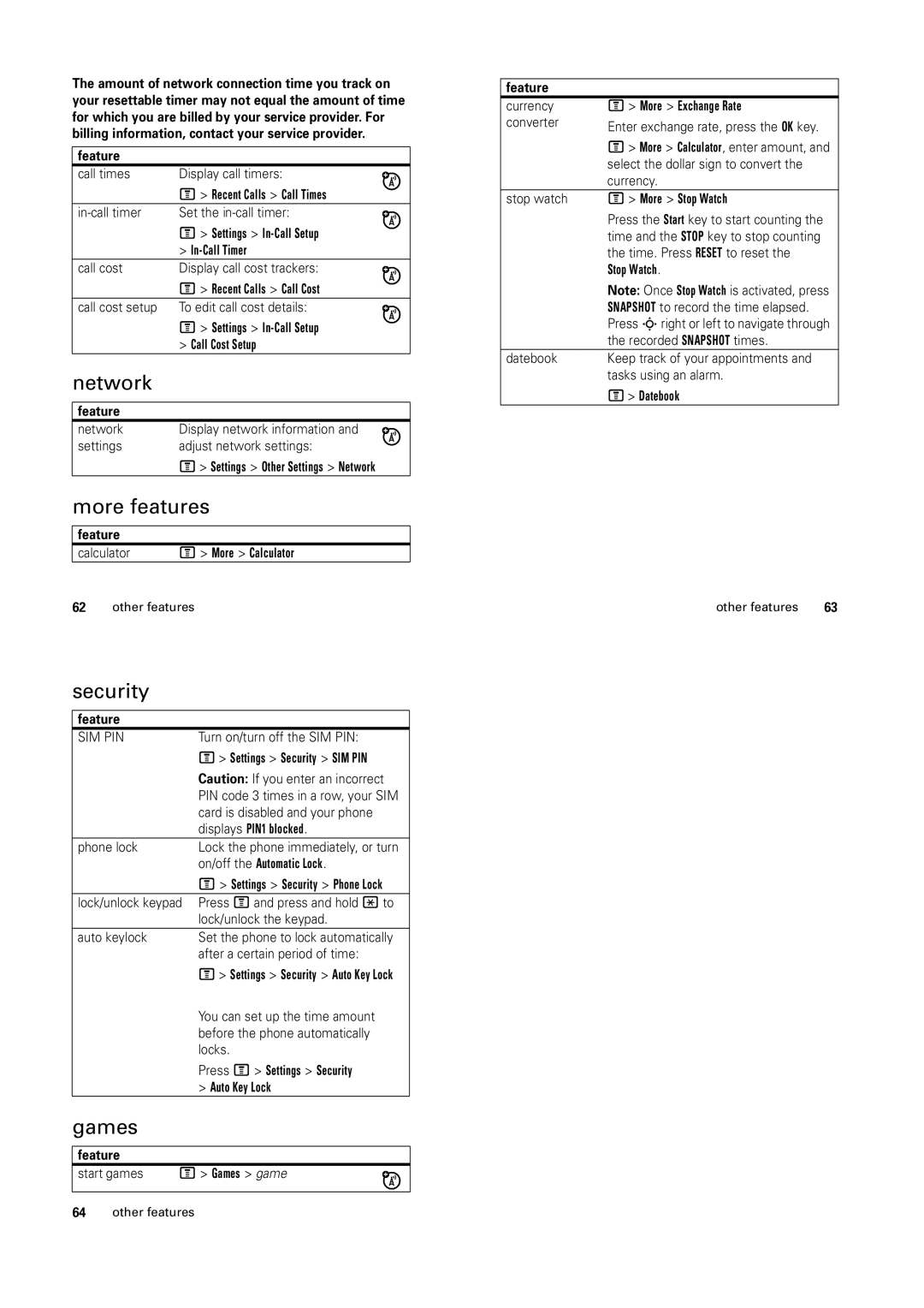 Motorola C139 manual Network, More features, Security, Games 