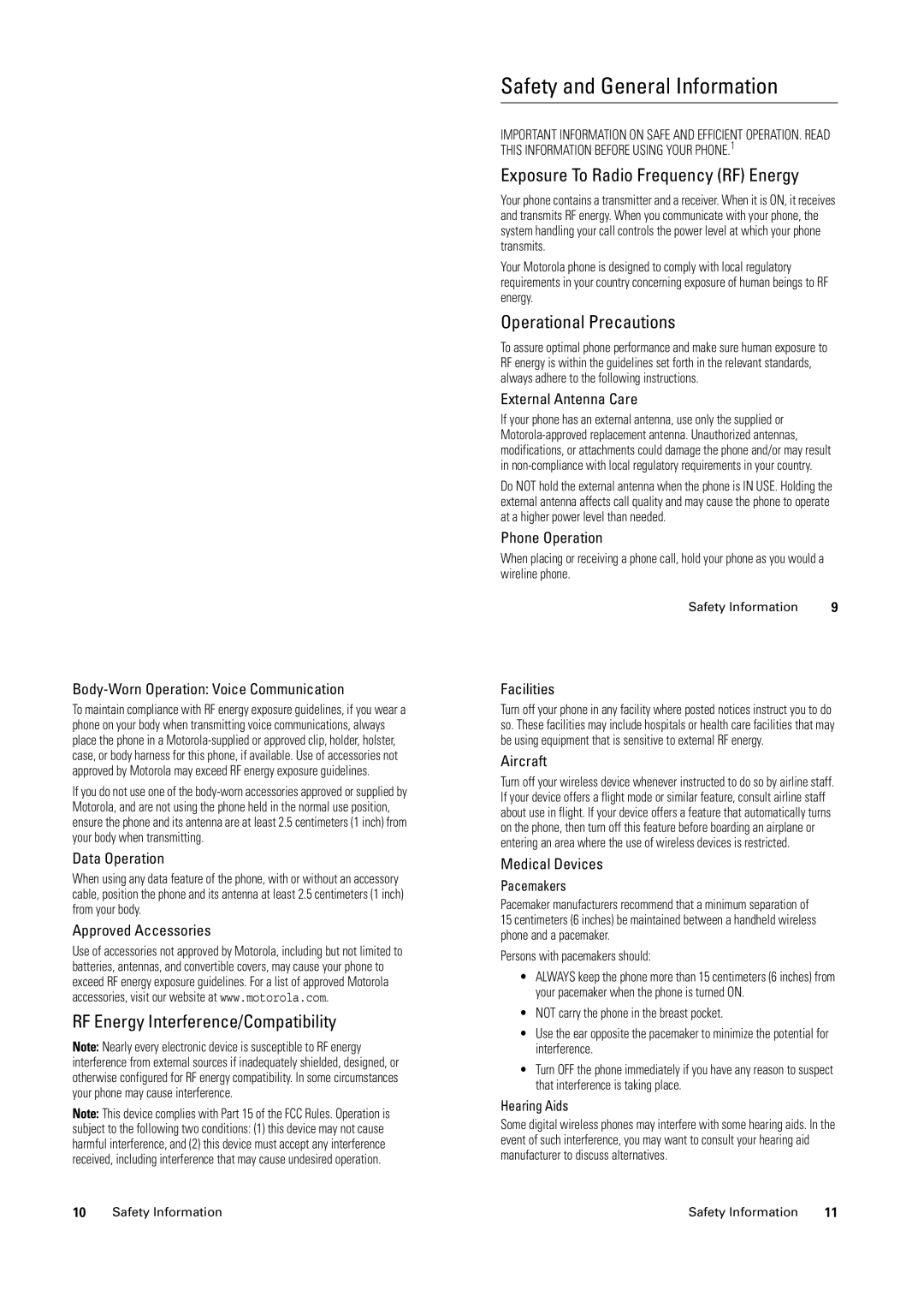 Motorola C139 manual RF Energy Interference/Compatibility, Exposure To Radio Frequency RF Energy, Operational Precautions 