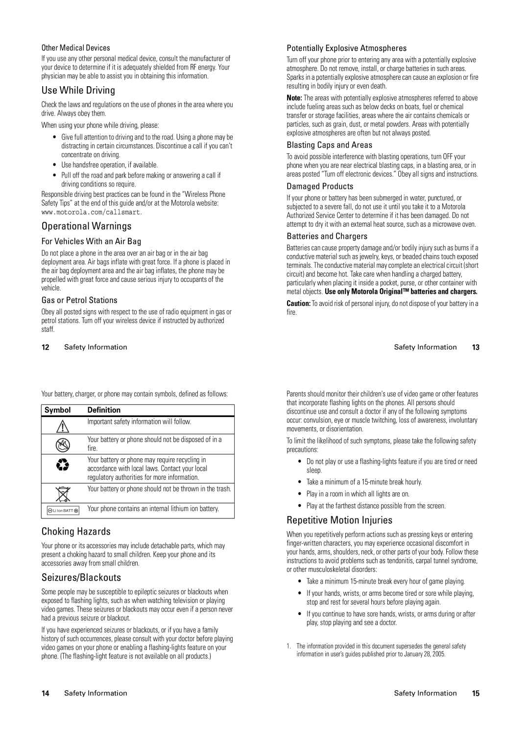 Motorola C139 Use While Driving, Operational Warnings, Choking Hazards, Seizures/Blackouts, Repetitive Motion Injuries 