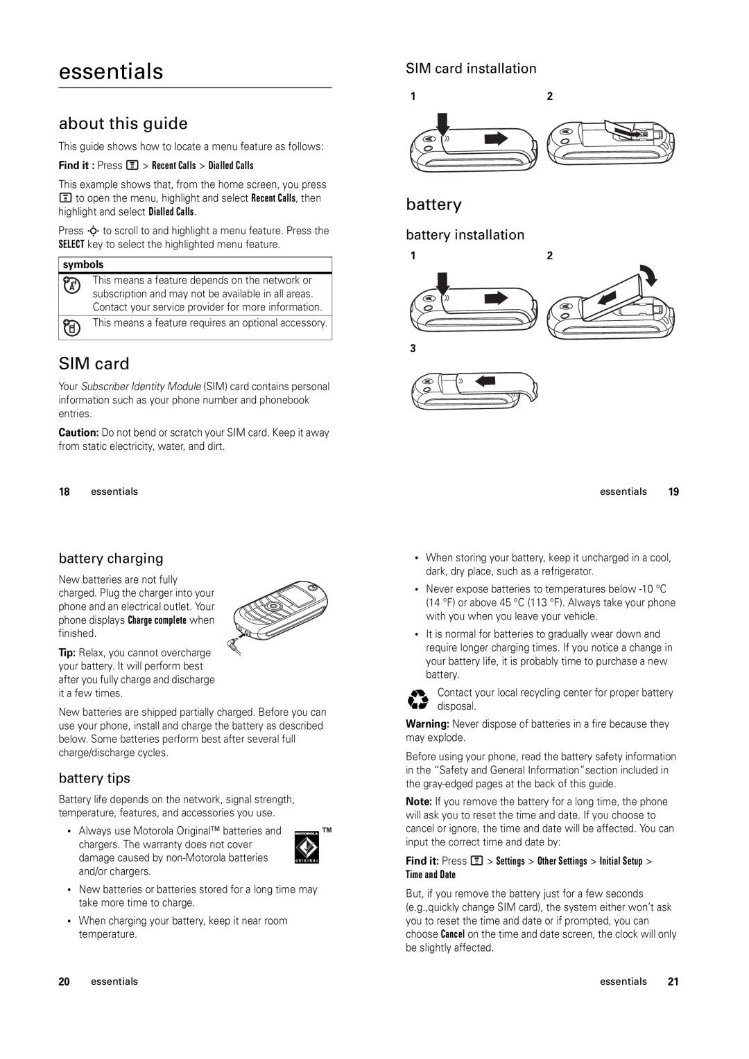 Motorola C139 manual Essentials, About this guide, SIM card, Battery 