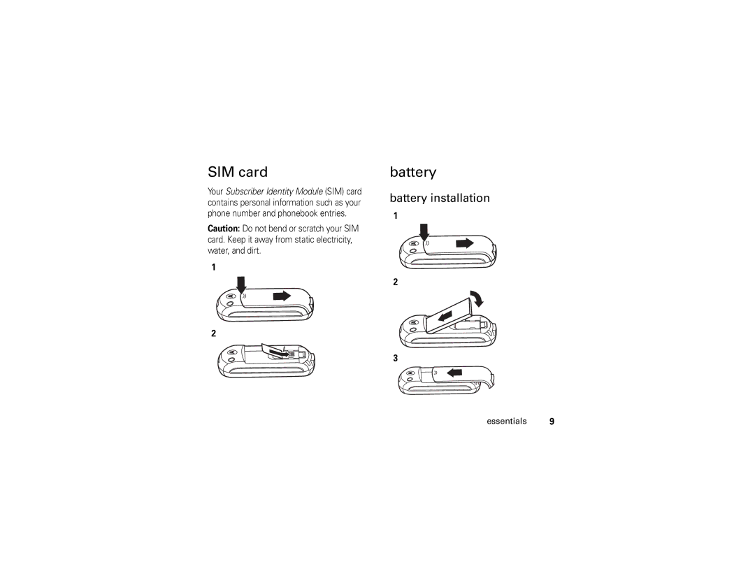 Motorola C139 manual SIM card, Battery installation, Essentials 