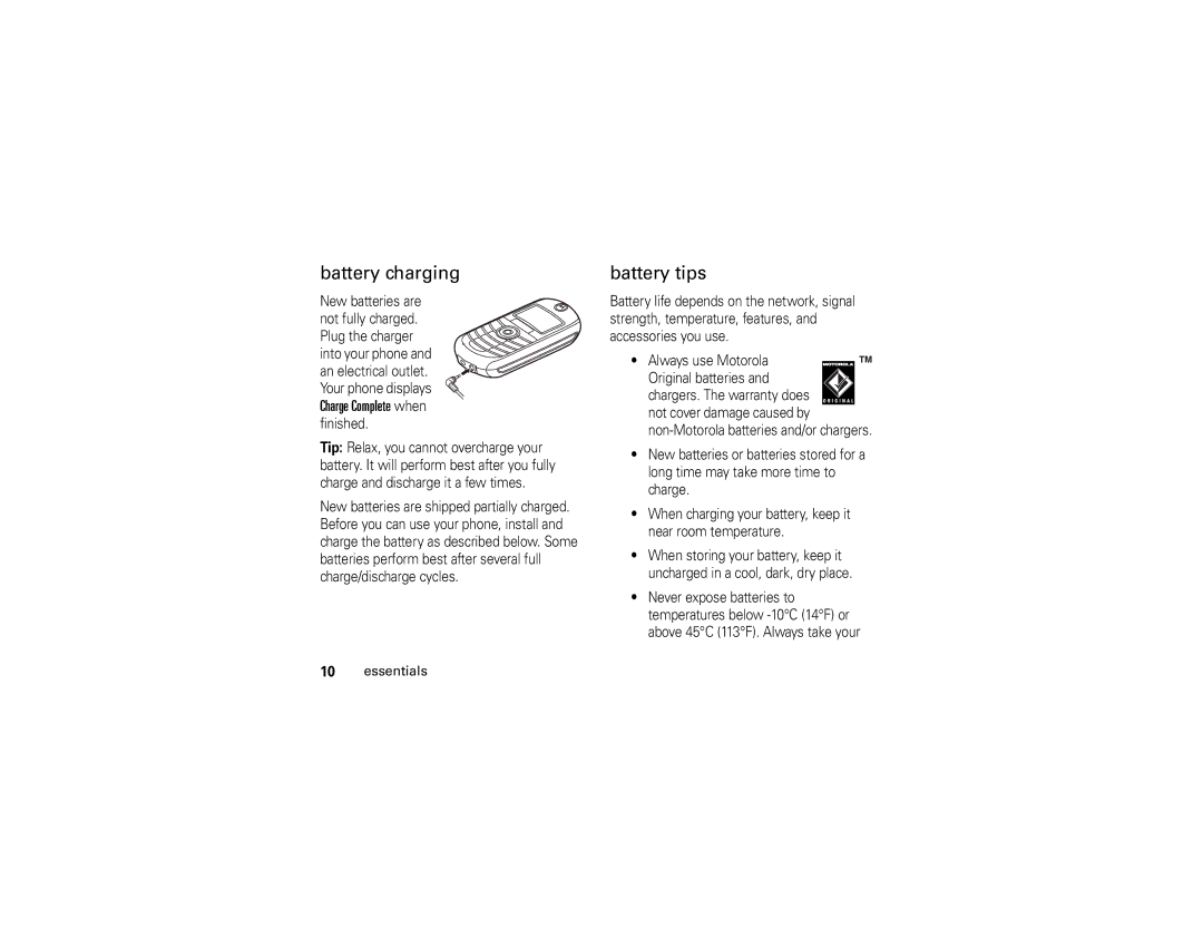 Motorola C139 manual Battery charging, Battery tips 