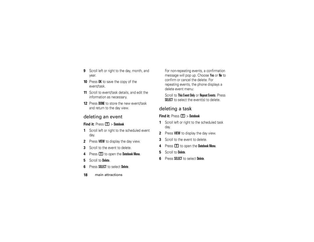 Motorola C139 manual Deleting an event, Deleting a task 