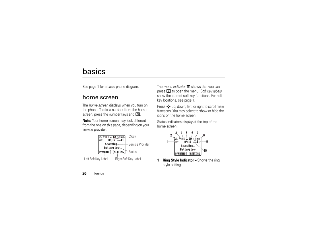 Motorola C139 Basics, Home screen, See page 1 for a basic phone diagram, Ring Style Indicator Shows the ring style setting 