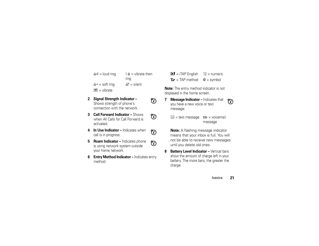 Motorola C139 manual = loud ring = vibrate then Ring = soft ring = silent, = iTAP English, = TAP method @ = symbol 