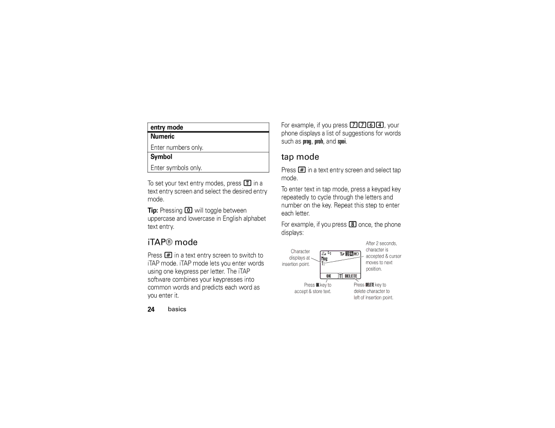 Motorola C139 manual Tap mode, ITAP mode, Entry mode Numeric, Enter numbers only, Symbol 