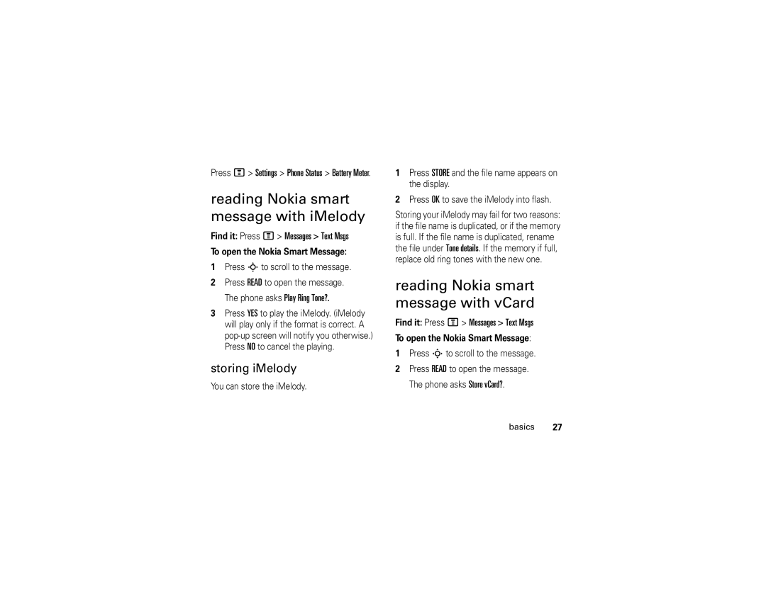 Motorola C139 manual Reading Nokia smart message with iMelody, Reading Nokia smart message with vCard, Storing iMelody 