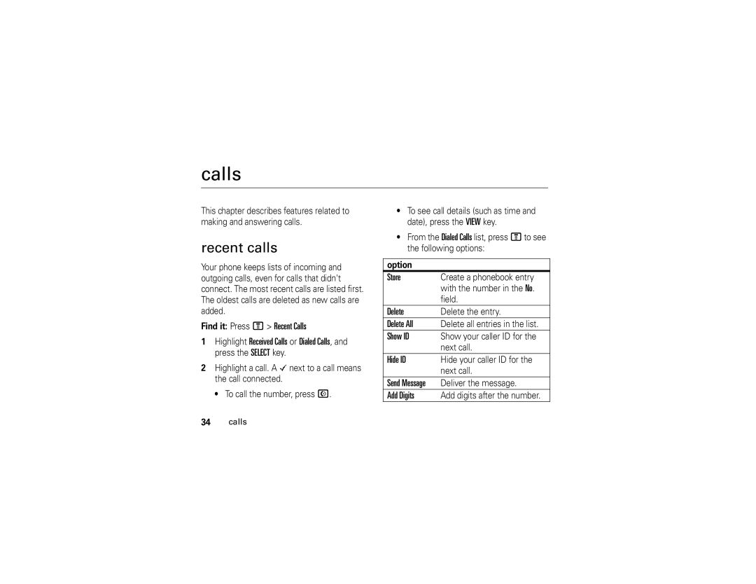 Motorola C139 manual Calls, Recent calls 