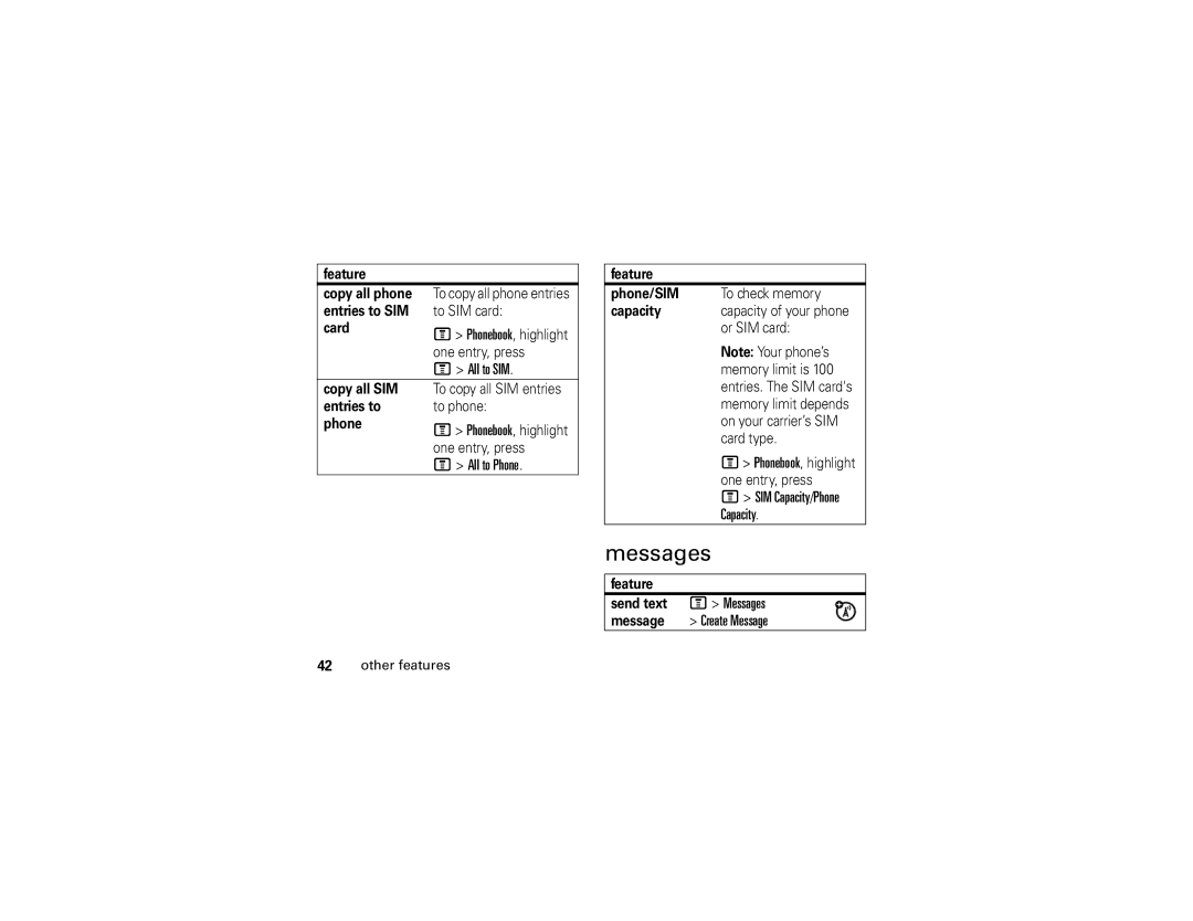 Motorola C139 manual Messages, All to SIM, All to Phone, Capacity 