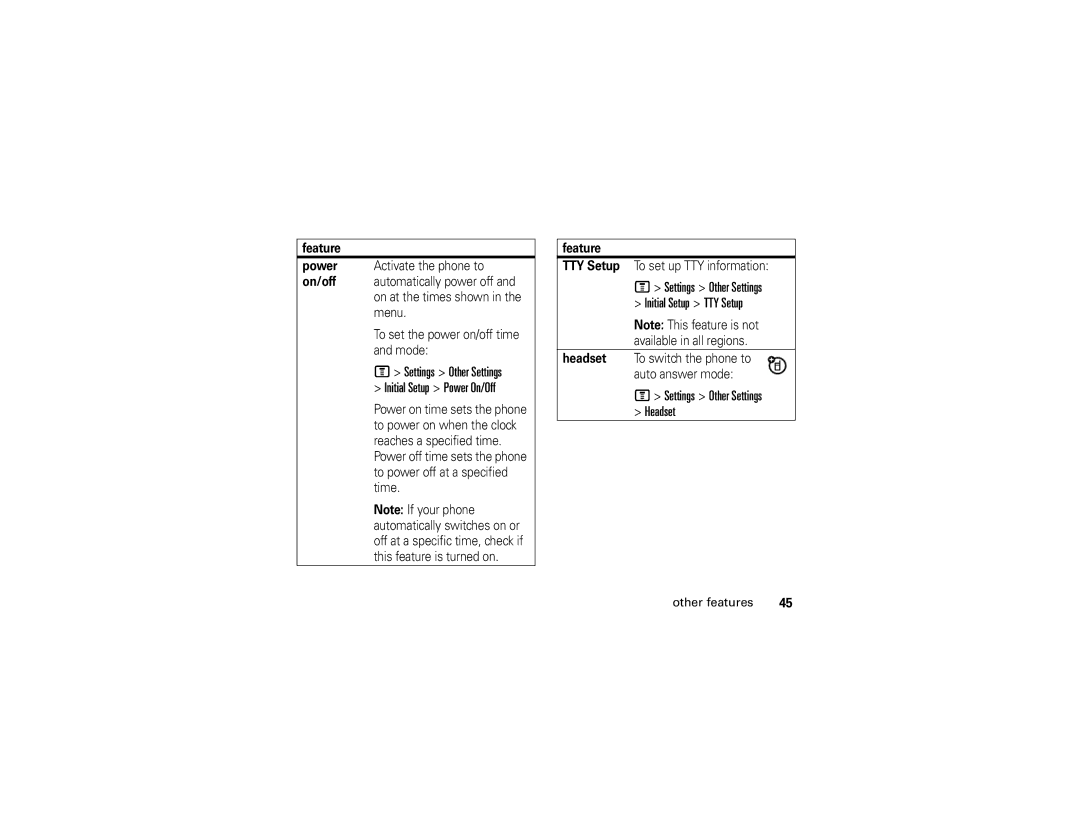 Motorola C139 manual Settings Other Settings Initial Setup Power On/Off, Settings Other Settings Initial Setup TTY Setup 