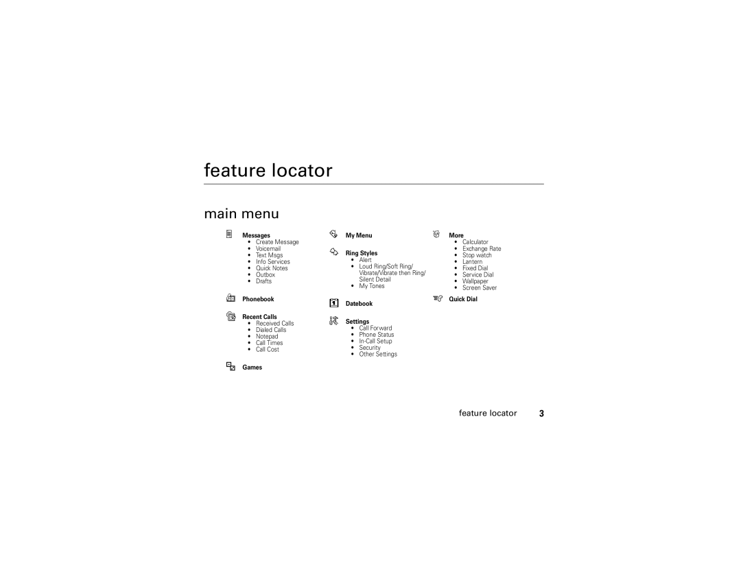 Motorola C139 manual Feature locator, Main menu 