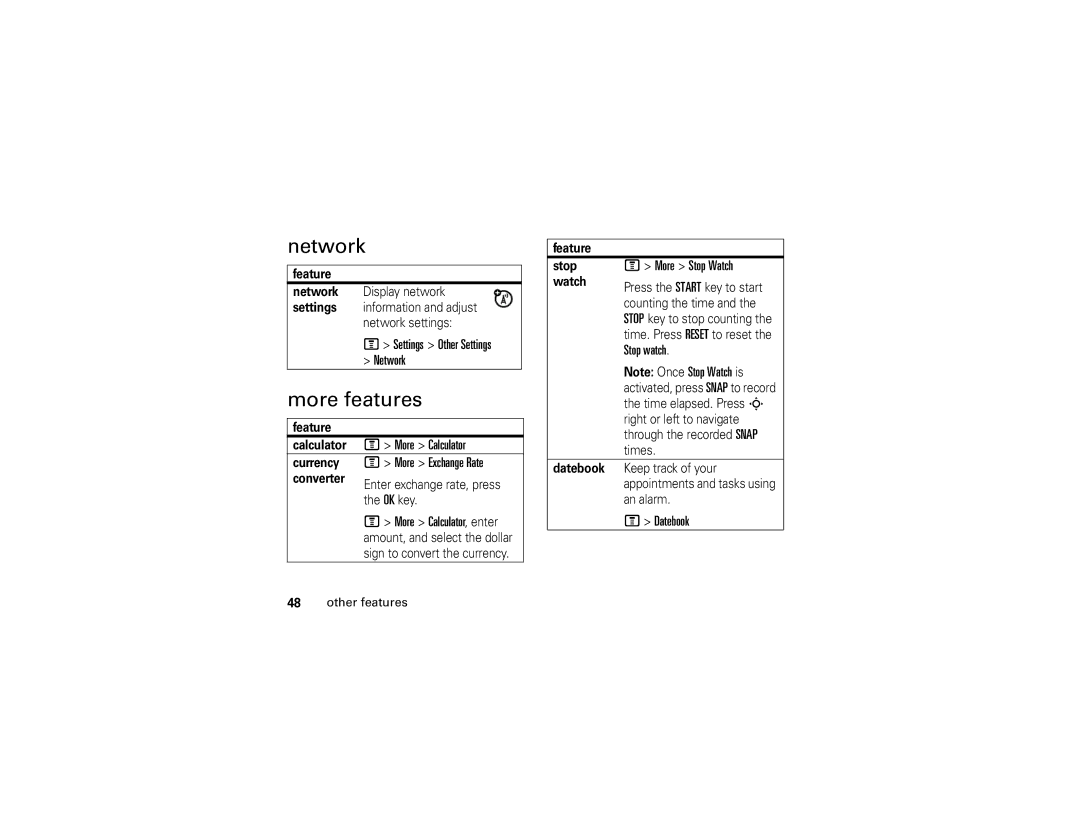 Motorola C139 manual Network, More features 