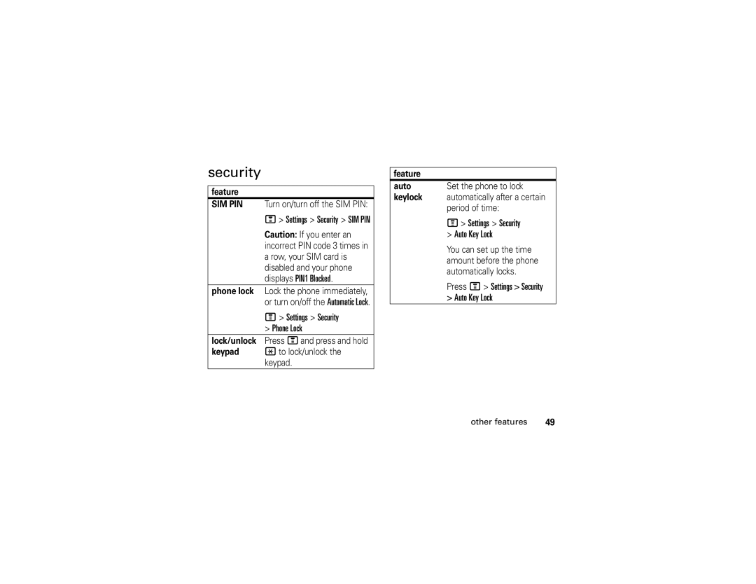 Motorola C139 manual Settings Security Phone Lock, Press M Settings Security Auto Key Lock 