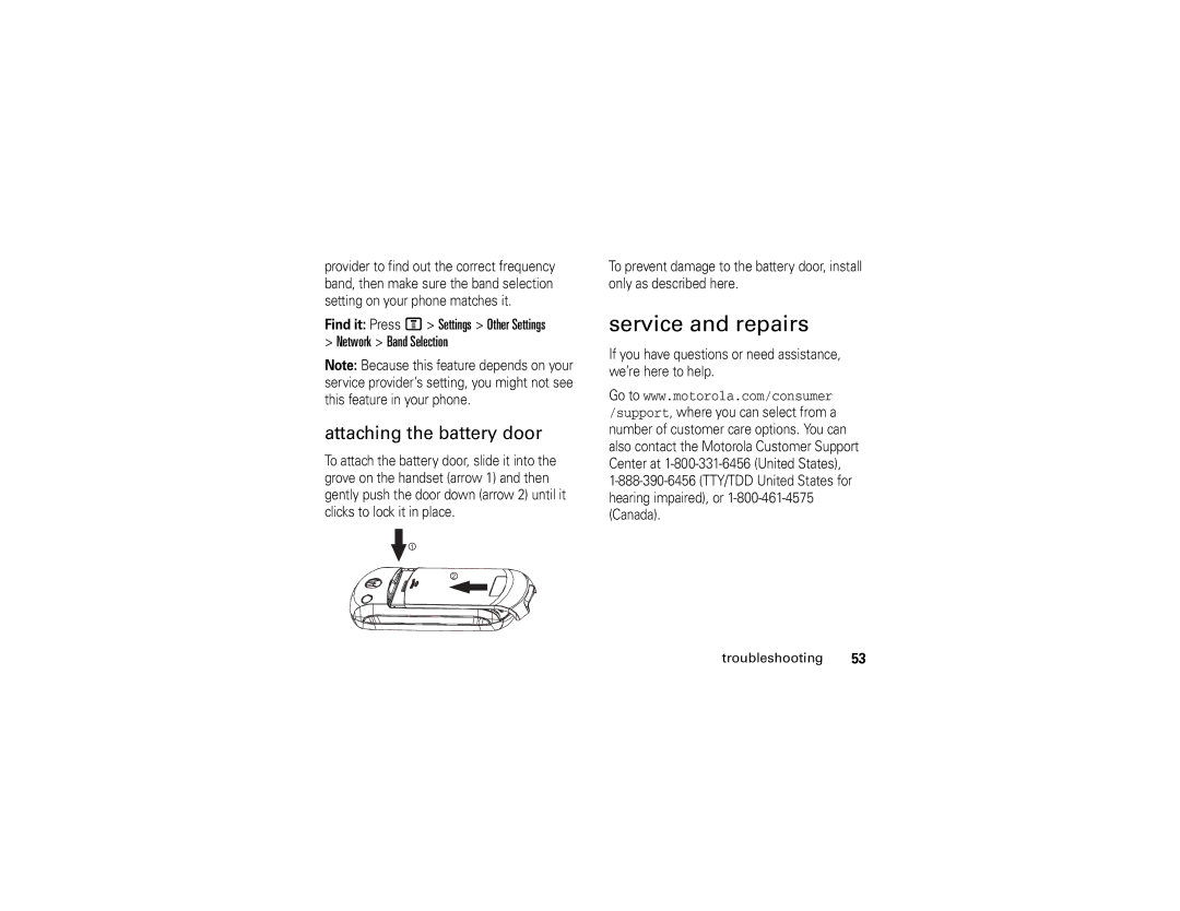 Motorola C139 manual Service and repairs, Attaching the battery door 