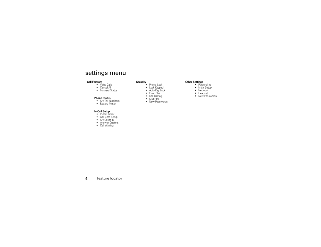 Motorola C139 manual Settings menu, Security Other Settings 