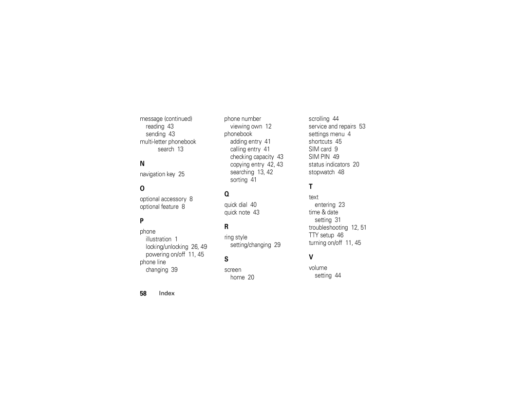 Motorola C139 manual Message reading 43 sending Multi-letter phonebook search 