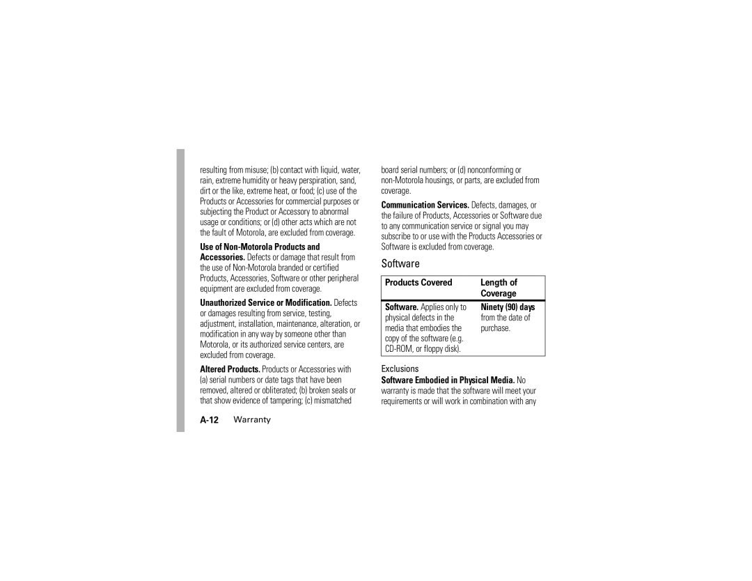 Motorola C139 manual Equipment are excluded from coverage, Length Coverage 