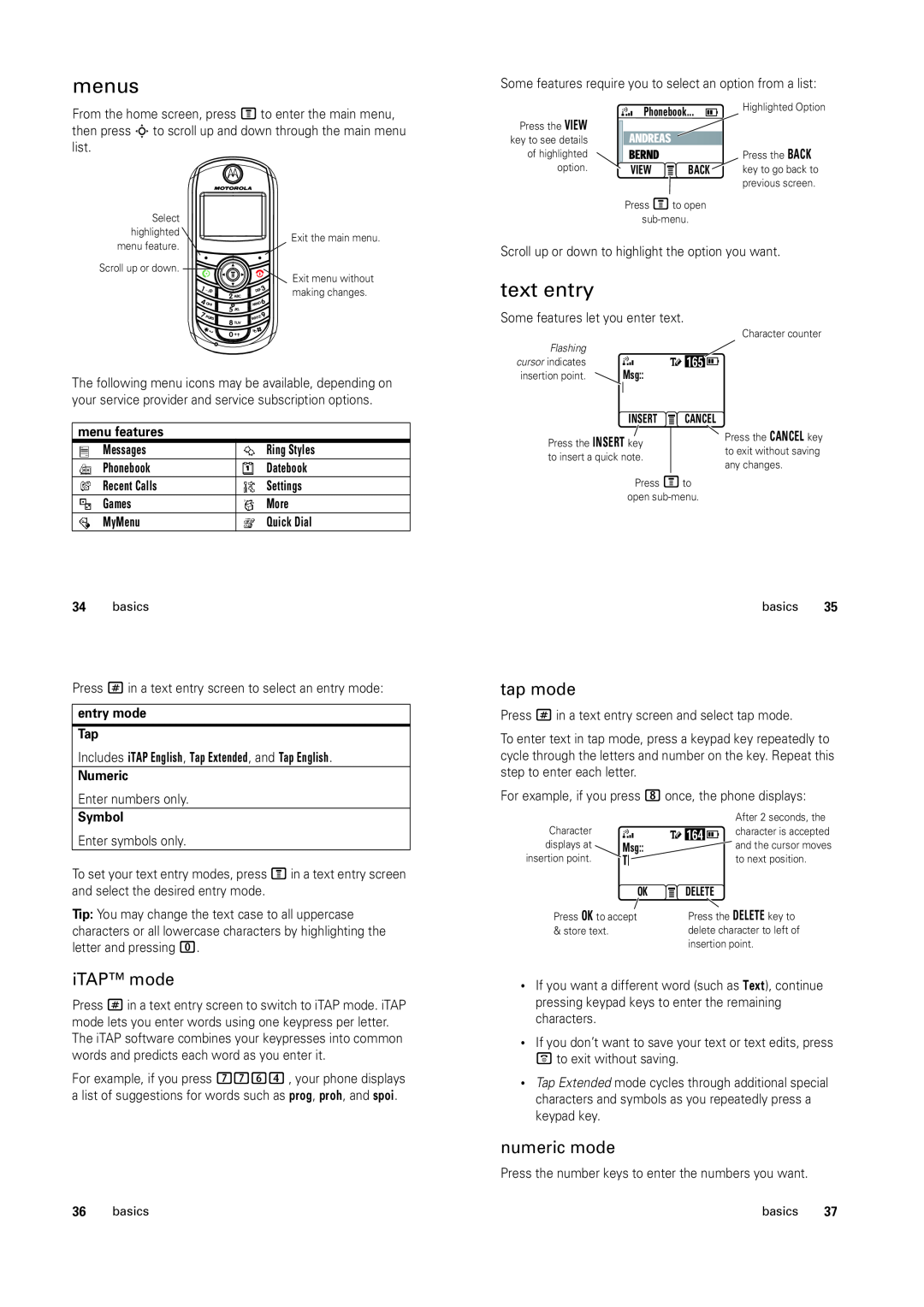 Motorola C139 manual menus, text entry, iTAP mode, tap mode, numeric mode 