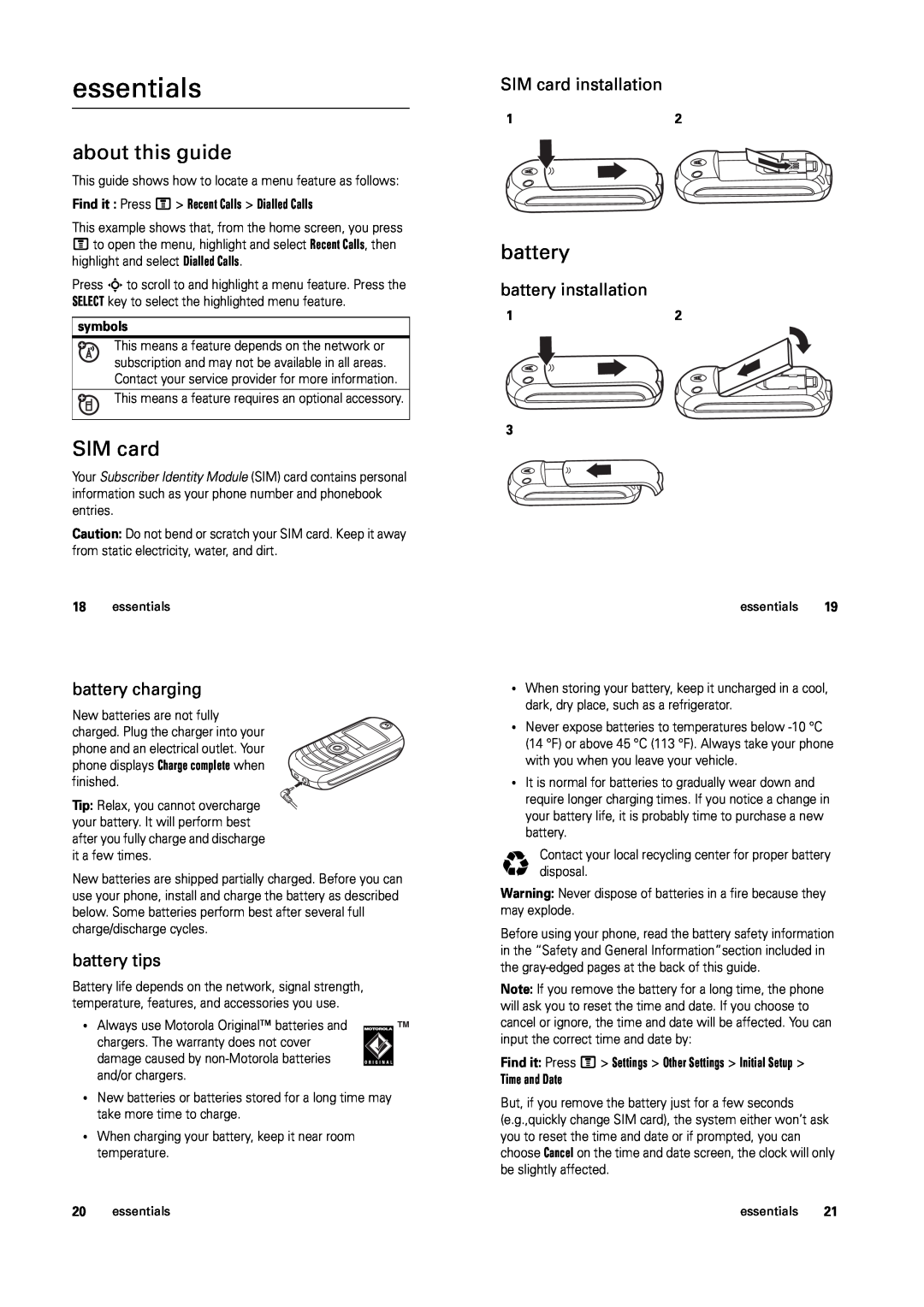 Motorola C139 manual essentials, about this guide, battery charging, battery tips, SIM card installation 