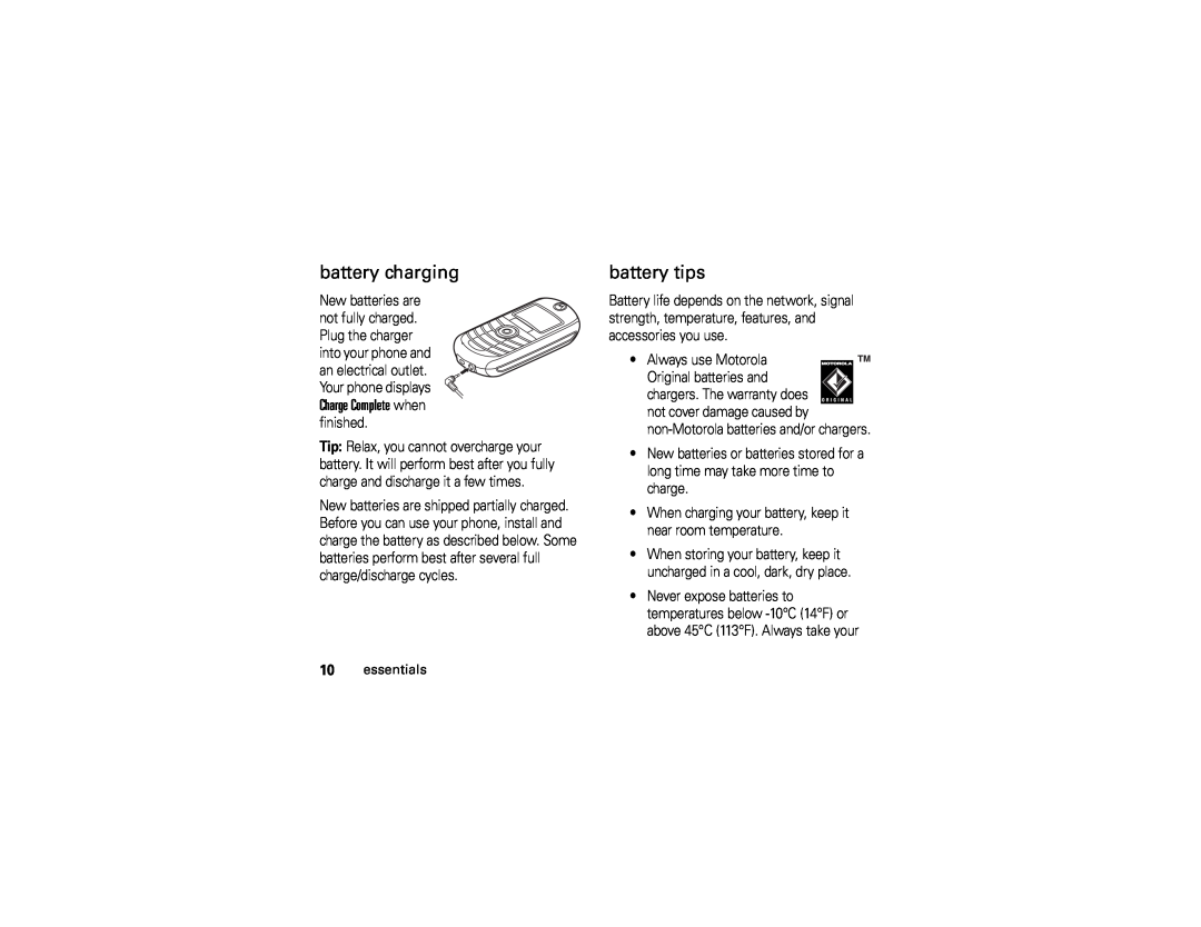 Motorola C139 manual battery charging, battery tips, When charging your battery, keep it near room temperature, essentials 