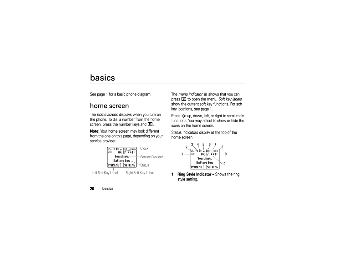 Motorola C139 manual basics, home screen 