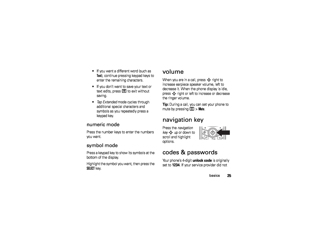 Motorola C139 manual volume, navigation key, codes & passwords, numeric mode, symbol mode 
