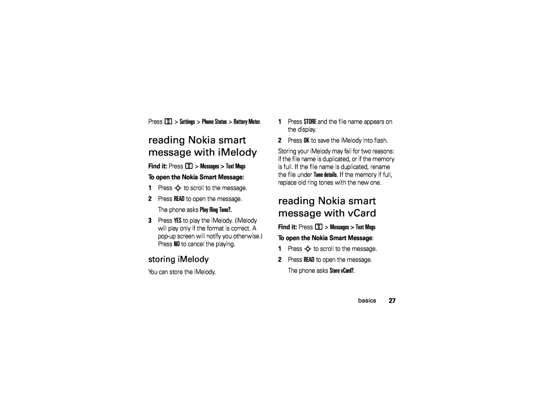 Motorola C139 manual reading Nokia smart message with iMelody, reading Nokia smart message with vCard, storing iMelody 