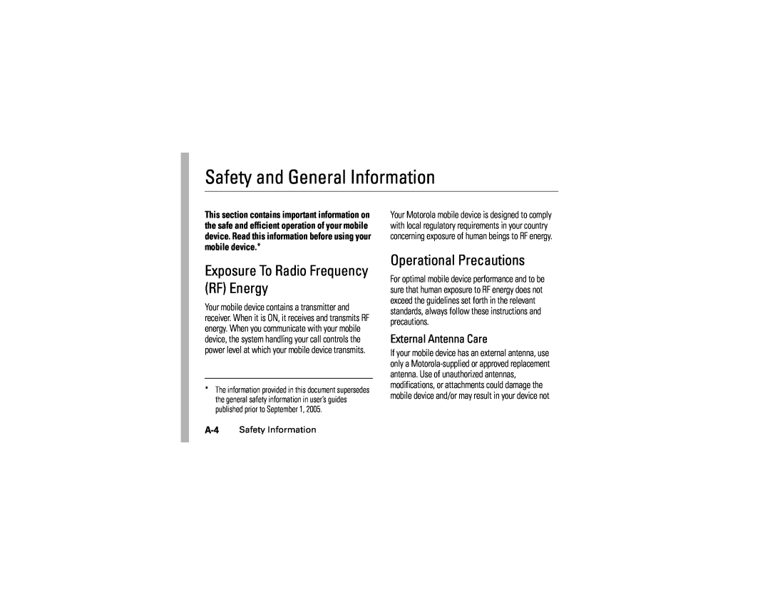 Motorola C139 manual Safety and General Information, Exposure To Radio Frequency RF Energy, Operational Precautions 