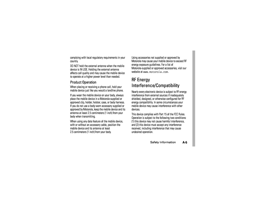 Motorola C139 manual RF Energy Interference/Compatibility, Product Operation 