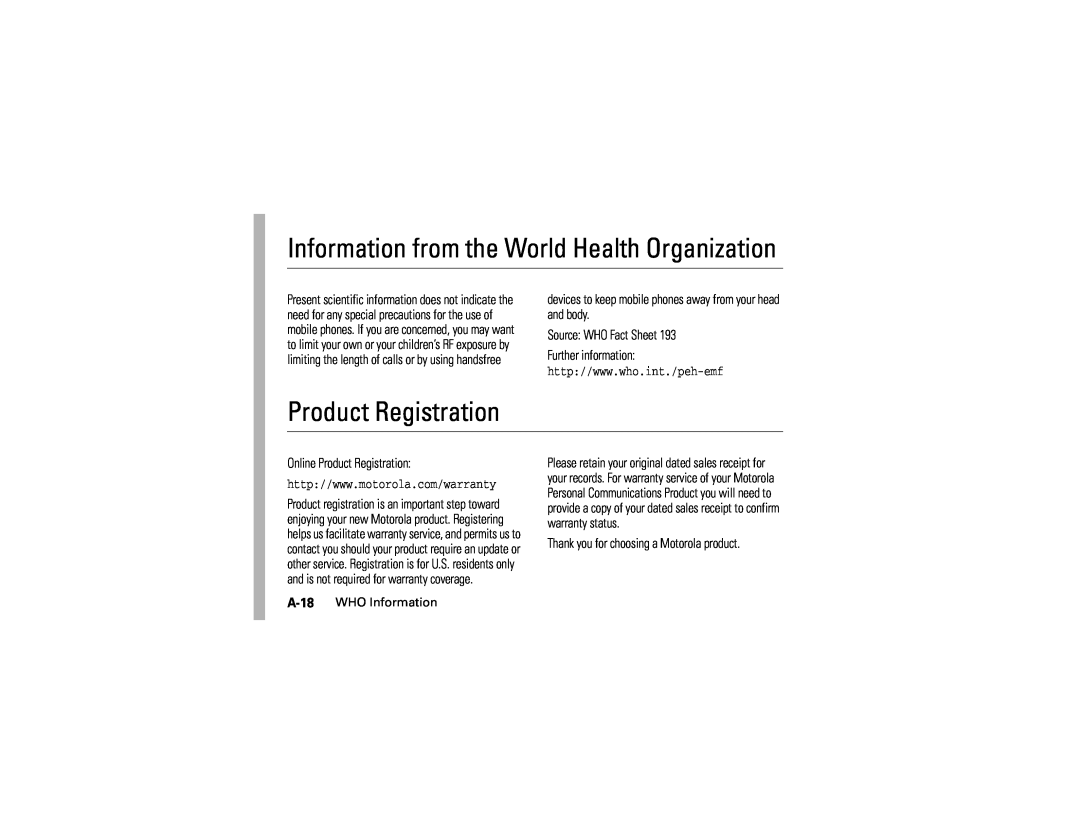 Motorola C139 manual Product Registration, Information from the World Health Organization 