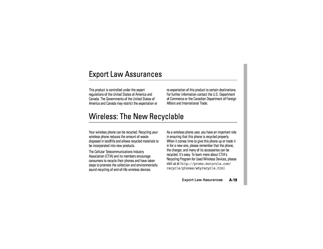 Motorola C139 manual Export Law Assurances, Wireless The New Recyclable, A-19 
