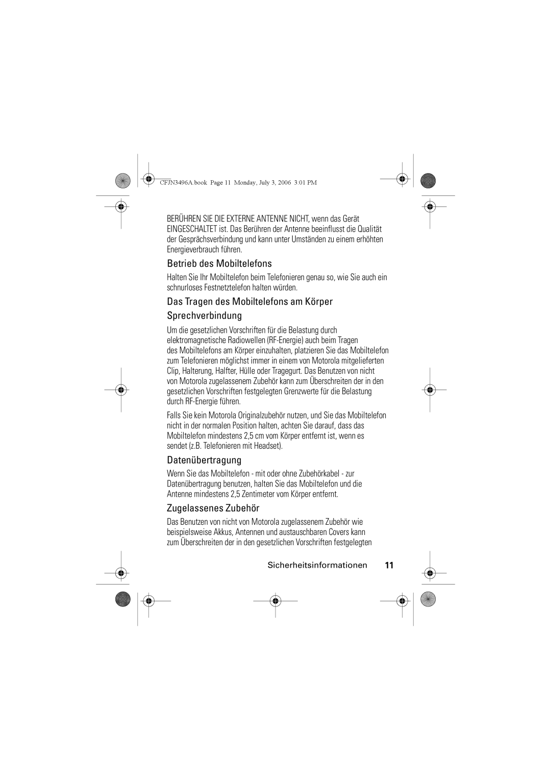 Motorola C140 manual Betrieb des Mobiltelefons, Das Tragen des Mobiltelefons am Körper Sprechverbindung, Datenübertragung 