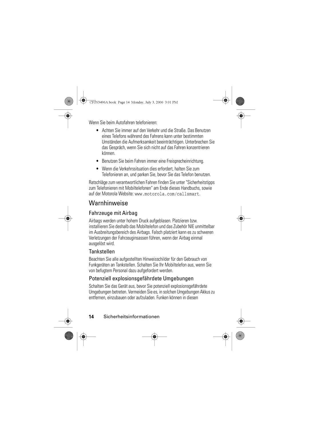 Motorola C140 manual Warnhinweise, Fahrzeuge mit Airbag, Tankstellen, Potenziell explosionsgefährdete Umgebungen 