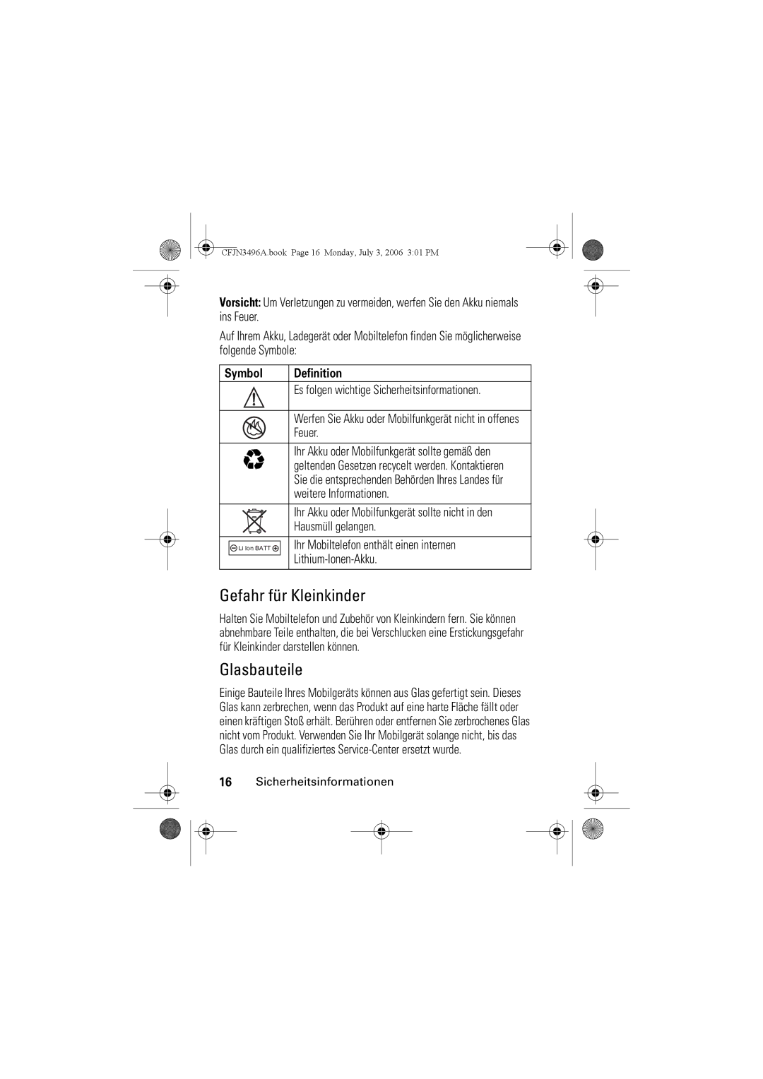 Motorola C140 manual Gefahr für Kleinkinder, Glasbauteile, Symbol Definition 