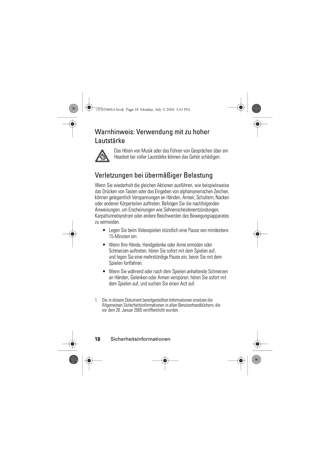 Motorola C140 manual Warnhinweis Verwendung mit zu hoher Lautstärke, Verletzungen bei übermäßiger Belastung 