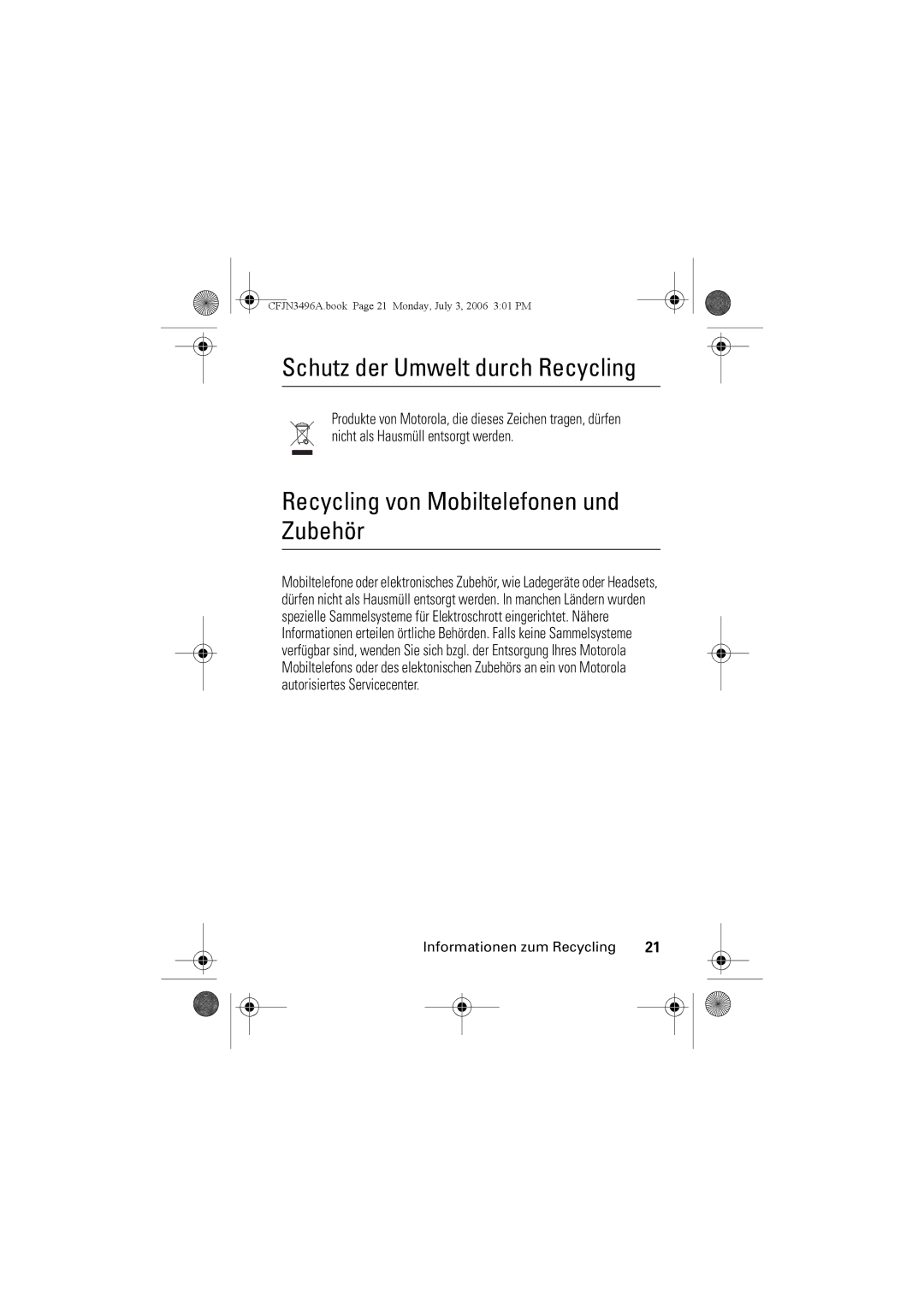 Motorola C140 manual Schutz der Umwelt durch Recycling 