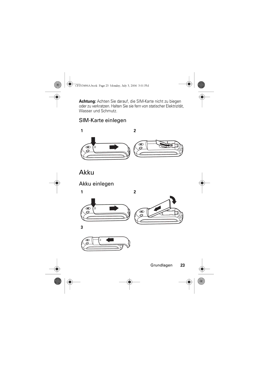 Motorola C140 manual SIM-Karte einlegen, Akku einlegen 