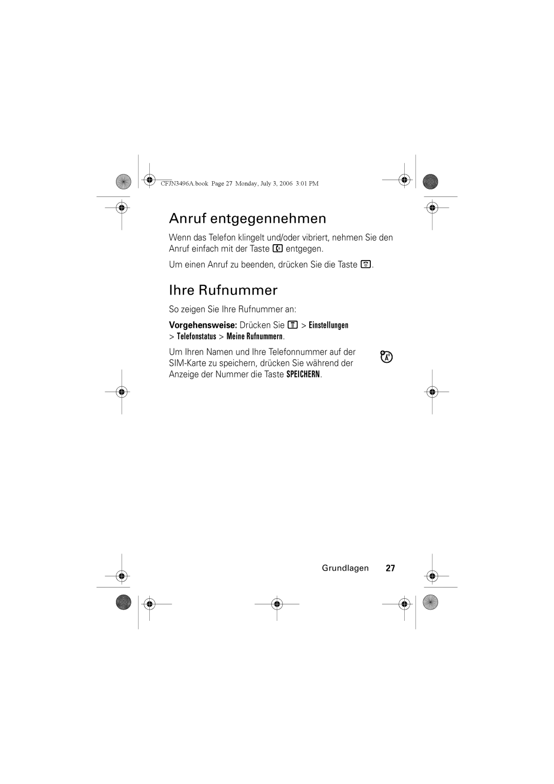 Motorola C140 manual Anruf entgegennehmen, So zeigen Sie Ihre Rufnummer an 