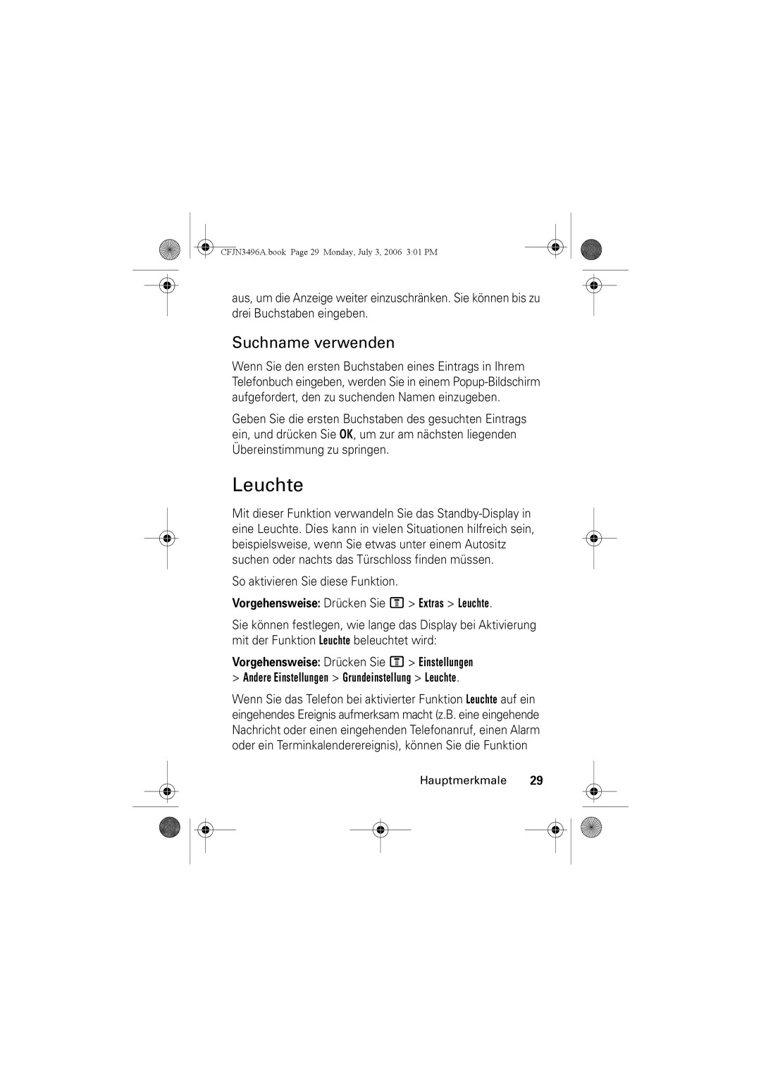 Motorola C140 manual Suchname verwenden, So aktivieren Sie diese Funktion, Vorgehensweise Drücken Sie M Extras Leuchte 