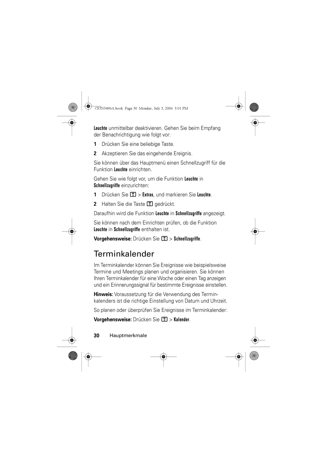 Motorola C140 manual Terminkalender, Vorgehensweise Drücken Sie M Schnellzugriffe, Vorgehensweise Drücken Sie M Kalender 