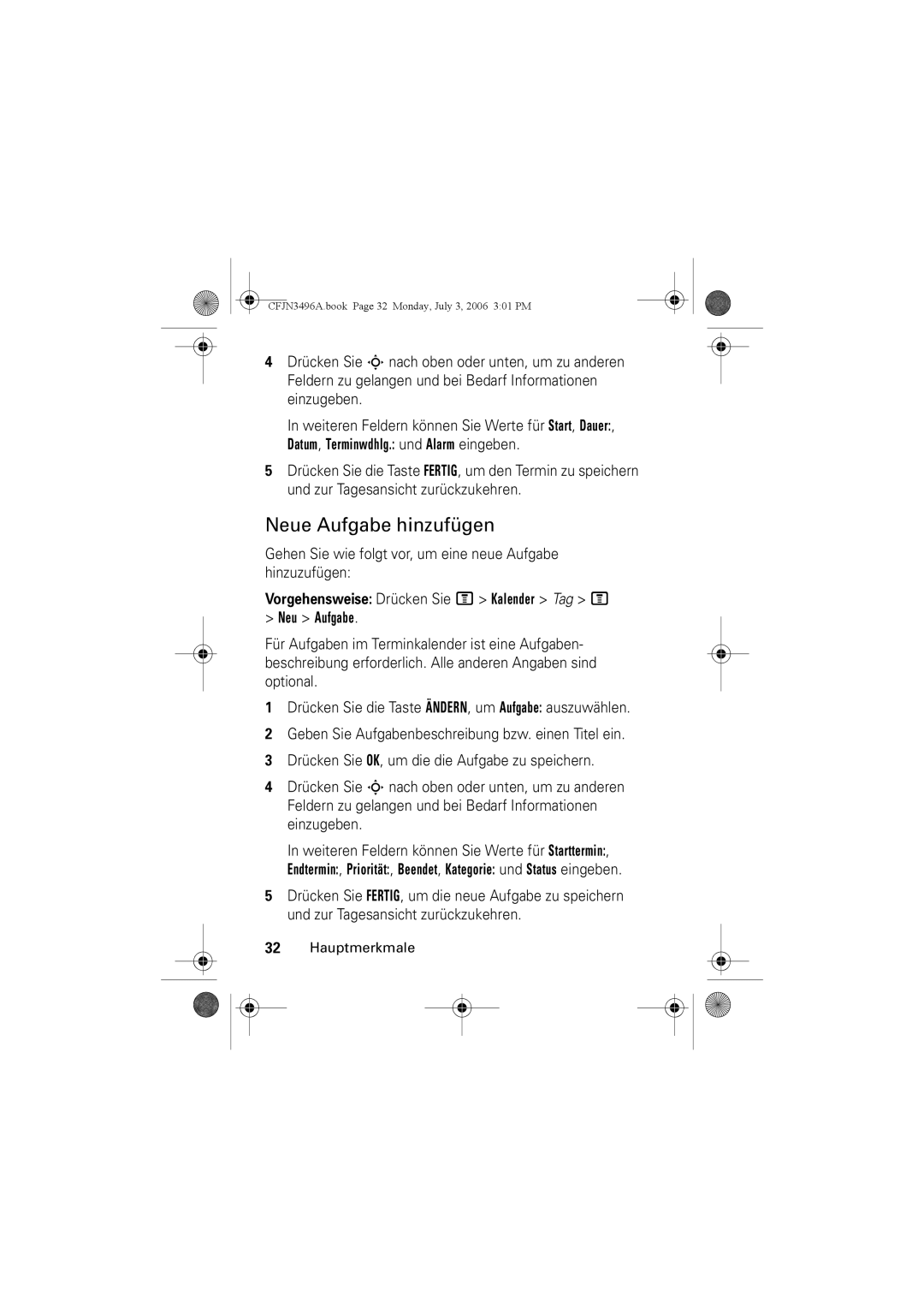 Motorola C140 manual Neue Aufgabe hinzufügen, Datum, Terminwdhlg. und Alarm eingeben 