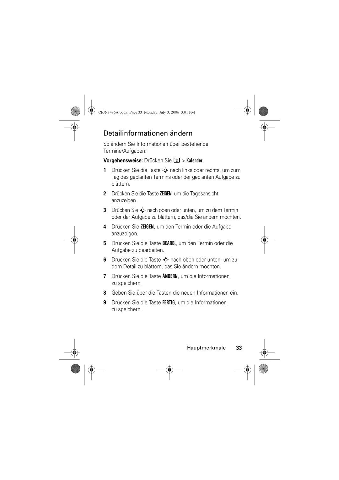 Motorola C140 manual Detailinformationen ändern, So ändern Sie Informationen über bestehende Termine/Aufgaben 