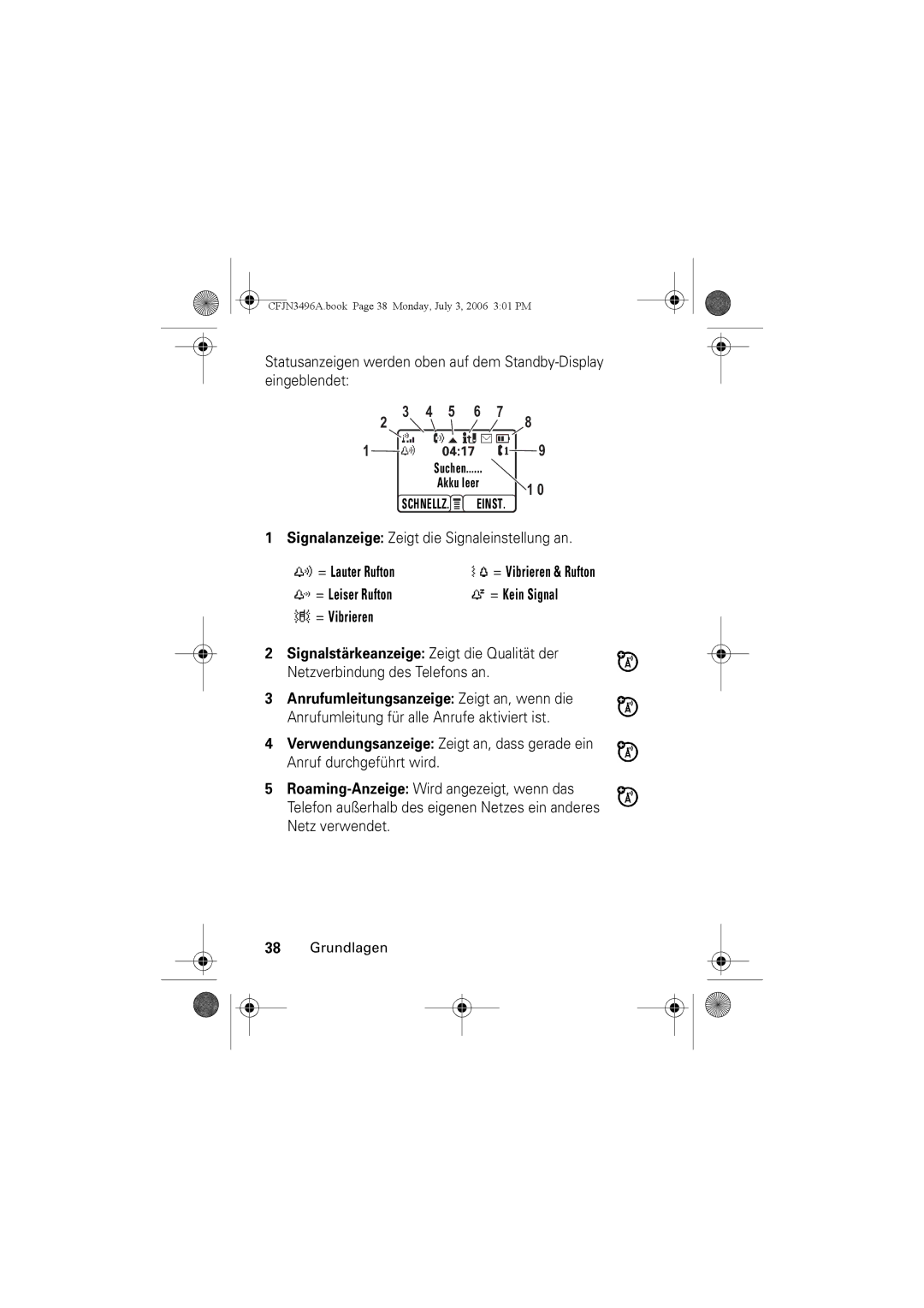 Motorola C140 manual Signalanzeige Zeigt die Signaleinstellung an, = Lauter Rufton 